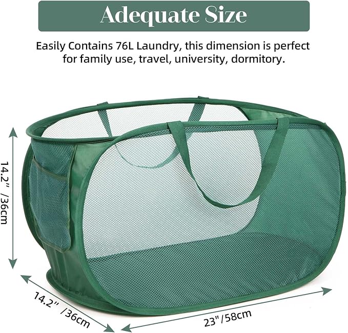 Sturdy Mesh Pop Up Laundry Hamper, Collapsible Laundry Baskets with Side Pocket, Foldable Clothes Hamper with Reinforced Carry Handles for Laundry, Bathroom, Kids Room, Dorm or Travel 2 Pack Emerald - Image 3