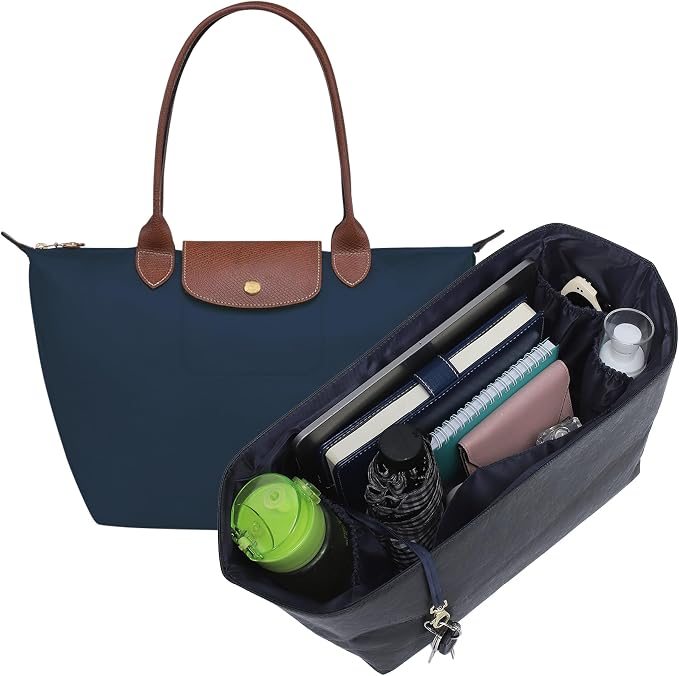 Purse Organizer Insert for Longchamp Le Pliage Medium, Black Blue | 6-Compartment Bag Organizer with YKK Zipper Pocket, Cup Holder, Key Chain, Waterproof DupontPaper Lightweight Handbag Shaper by Doxo