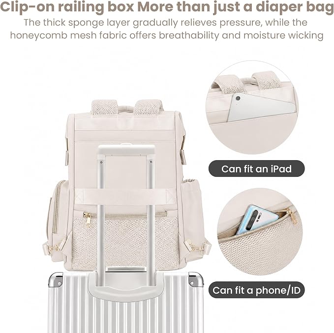 Large Capacity Diaper Bag Backpack with Changing Pad, Waterproof Baby Travel Backpack for Parents-Beige - Image 6