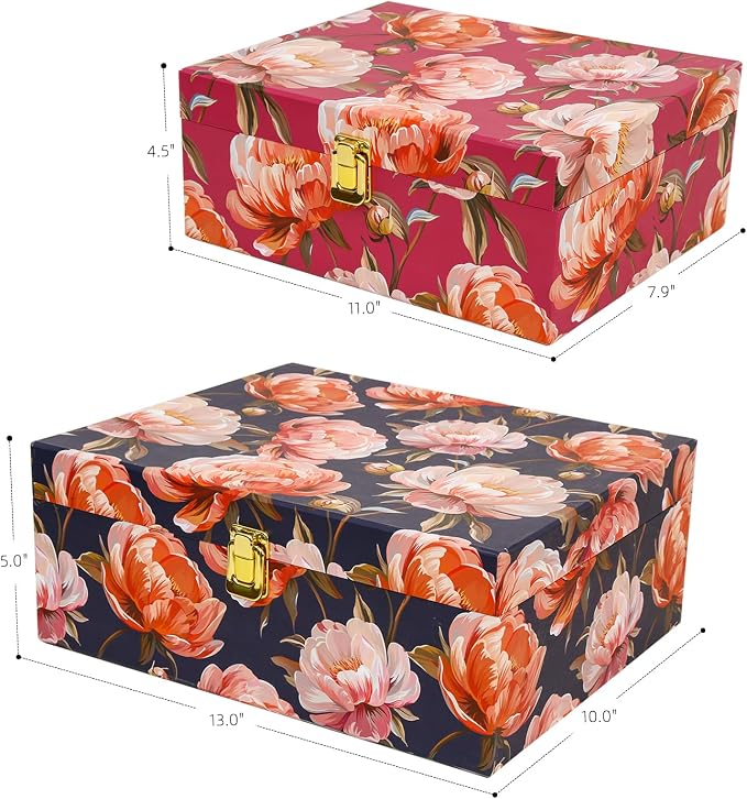2-Piece Decorative Keepsake Storage Boxes with Lids, Bold Peony Floral Design in Berry Pink & Deep Navy, Cardboard Memory Boxes with Elegant Gold-Tone Accent, Stackable Home Décor Storage - Image 4