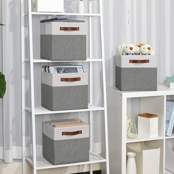 Temary Cube Storage Bins 4 Pack Storage Cubes 11?11 Fabric Storage Bins Foldable Cube Storage Baskets with Handles, Collapsible Storage Basket for Shelf (White & Grey, 11 x 11 x 11) - Image 5