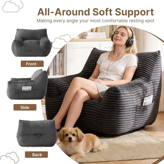 Bean Bag Chair for Adults & Kids, Giant Bean Bag Sofa with Side Pocket, Corduroy Beanbag Chair with Armrests, Comfy Stuffed Floor Sofa for Living Room Bedroom Dorm, Gray - Image 7