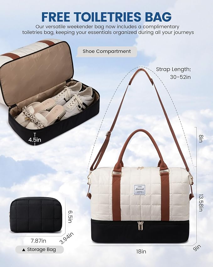 LOVEVOOK Large Duffle Bag for Travel, Puffer Weekend Bags for Women Travel Tote, Carry on Duffel Bag for Airplanes, 18 Inch Personal Item Bag Gym Bag Women, Black-White-Brown - Image 2