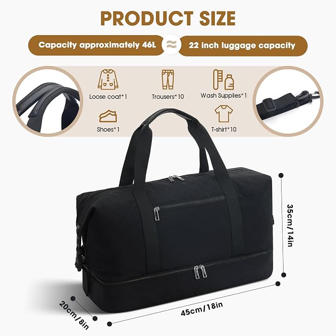 Oeihuivt Weekender Bags for Women with 3 Extra Pack - 21 Inch Large Travel Duffel Bag Set with Shoe Compartment, Heavy-Duty Nylon Carry on Overnight Tote, Black - Image 3