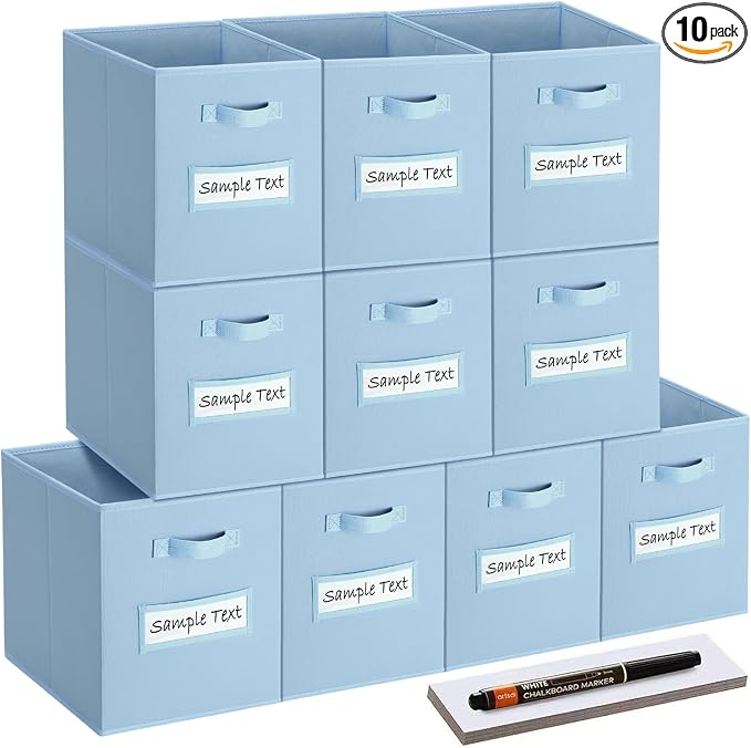 13x13x13 storage cube bins (Set of 10) Fabric storage cubes with 10 Labels Window Cards & a Pen, storage cubes 13x13, Collapsible 13 inch cube storage bins, Cubby Organizer Boxes, Pastel Blue by Artsdi