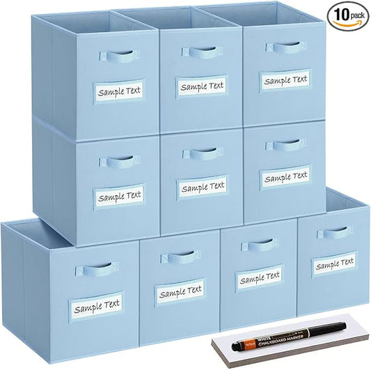 11x11 storage cube bins (Set of 10) Foldable Fabric storage cubes with 10 Labels Window Cards & a Pen,11 inch cube storage bin,Closet Organizers for Shelves,Cubby Organizer Boxes,Pastel Blue by Artsdi