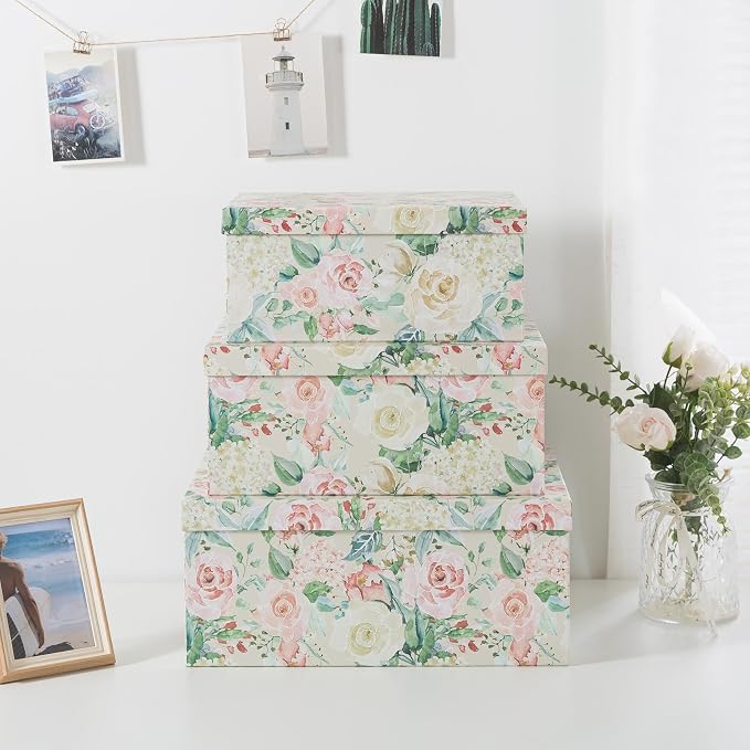 Soul & Lane - Blooming Rose Decorative Storage Boxes with Lids, Set of 3 | Large Nesting Cardboard Keepsake Boxes for Photos and Memories, Floral Photo Storage Containers for Home Decor - Image 2
