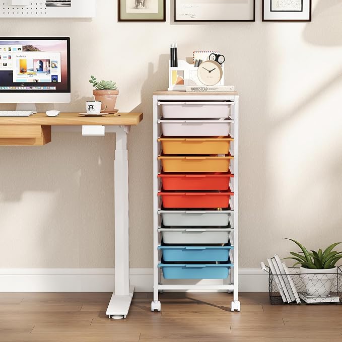 Giantex Rolling Storage Cart with 10 Drawers, Utility Cart w/Wooden Tabletop, Lockable Wheels, Multipurpose Organizer for Art Craft Books Paper, Drawer Carts for Dorm Classroom Office, Macaron - Image 4