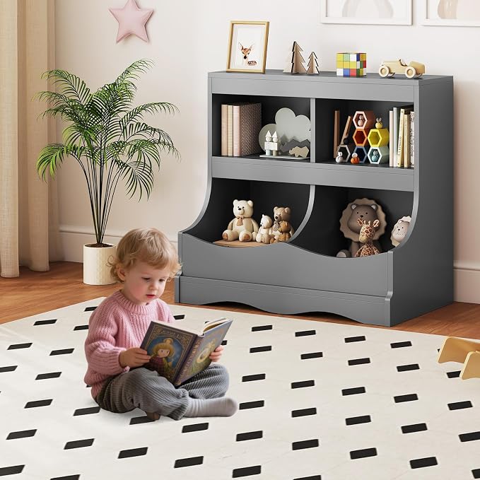 HONEY JOY Kids Toy Storage Organizer, 4-Cubby Wooden Bookcase Cabinet, 2-Tier Open Daycare Shelf for Preschool, Kids Display Bookshelf for Bedroom, Playroom, Classroom & Nursery (Gray) - Image 2