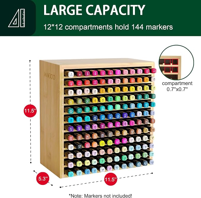 MinBoo Marker Organizer for 144 Markers, Bamboo Art Supply Storage Organizer Rack, Art Markers Pens Colored Pencils Paint Brushes Stationary Organizer Holder for Home Classroom Office Desk Decor - Image 2