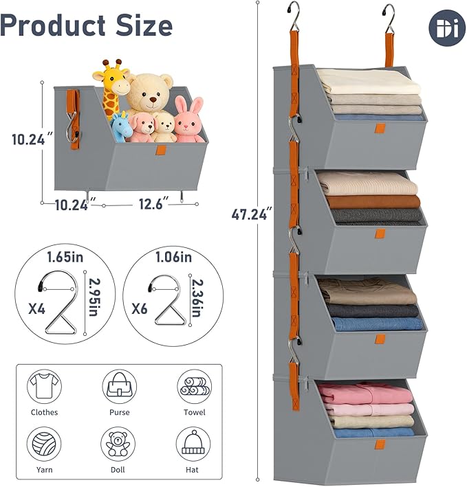 DIMJ Hanging Closet Organizer - 4 Tier Collapsible Hanging Shelves with Hooks Zipper, Fabric Clothes Organizer, Space-Saving Storage Bin Basket for RV, Bedroom, Laundry Organization - Image 3