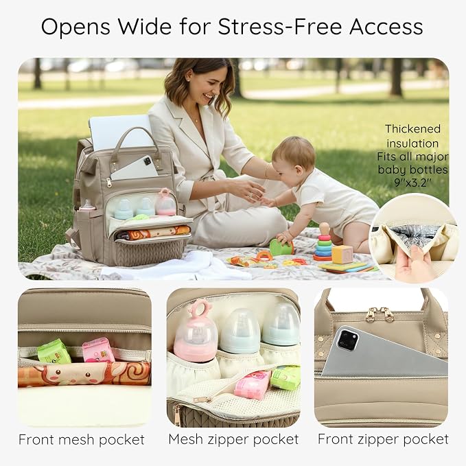 AIJIEKE Large Diaper Bag Backpack, Extra Wide Travel Diaper Bag, Khaki | Multi-functional waterproof maternity bag. Changing pad, stroller straps, insulated wet/dry pocket. Mom, dad, toddler travel - Image 5