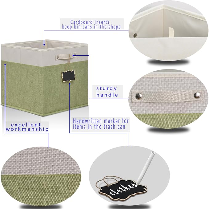 12 x 12 storage cubes,Collapsible Fabric Storage Cubes with Labels 4 Pack,Linen Cube Storage Organizer Bins with Cotton Handles for Home,Nursery,Clothes,Cabinet, Shelves and Closet(White green). - Image 5