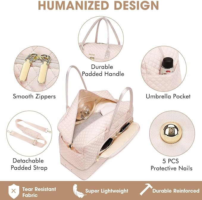 Large Travel Duffle Bags for Women: Weekender Bag with Shoe Compartment | Carry On Bag with Wet Toiletry Pocket & Wet Pocket for Overnight, Weekend, Hospital, Yoga, Business Trips, Sport, Gym, Beige - Image 2