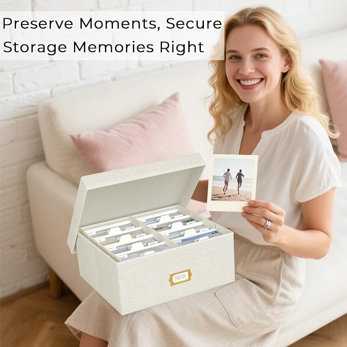 Decorative Photo Storage Box, Linen Photo Box Holds 1700 4x6 Pictures Beige | Photo Storage Containers with 8 Dividers, Memory Keepsake Organizer for Photos, Scrapbook Supplies, Cards, Stamps,Archive Box - Image 5