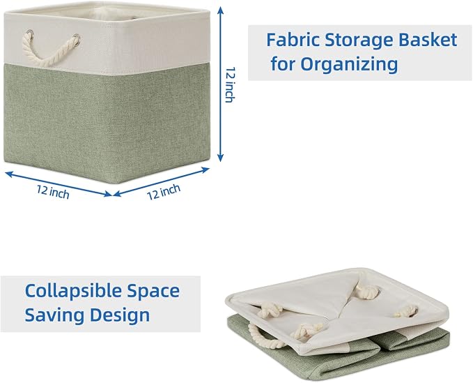 Temary Cube Storage Baskets for Shelves 12 Inch Storage Cubes 4pack Fabric Storage Baskets for Organizing Clothes, Closet Basket with Rope Handles for Home (White&Green) - Image 7
