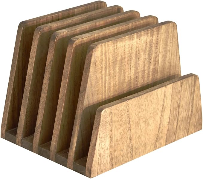 KIRIGEN Wooden Mail Organizer, 5-Slot File Holder for Desk, Brown 5K-DBR | Five Upright Compartments Sort Mail, Bills, Folders, Papers, Notebooks, and Envelopes; 9.84 x 7.48 x 7.08 In, No Assembly by KIRIGEN