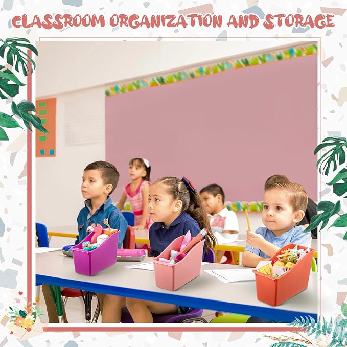 Geetery 12 Pcs Book Bin for Classroom with Labels Stackable Plastic Organizing Bins 11.5 x 5.4 x 7.5 in Book Holders Storage Bins Box Baskets for Classroom Library Home (Wildflower Color) - Image 6
