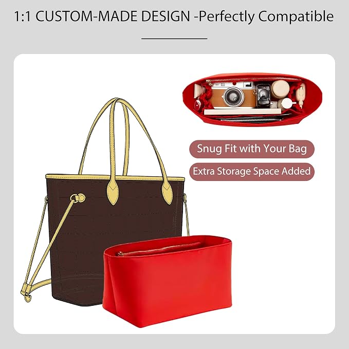 Nylon Purse Organizer Insert for Lv Neverfull MM Bag, Tote Dividers | Neverfull MM Organizer Red, 5 Compartments Storage, Zipper Pocket, Bottle Holder, Protects Bags, Easy Clean, For Travel - Image 7