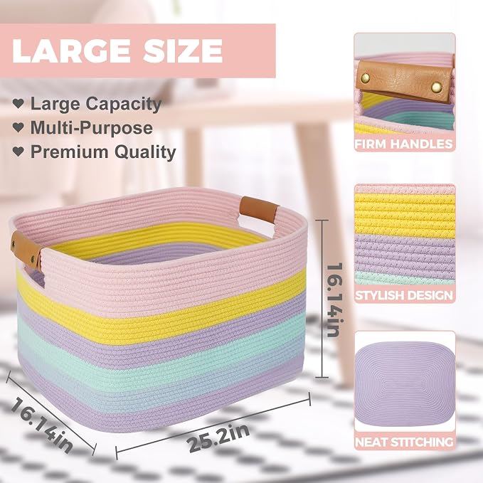 Large Laundry Basket, 108L Rectangle Woven Baskets for Storage for Living Room, Laundry, Nursery, Pillows, Baby Toy chest, Blanket Storage with Leather Handle, 25’’*16’’*16’’ Rainbow - Image 2