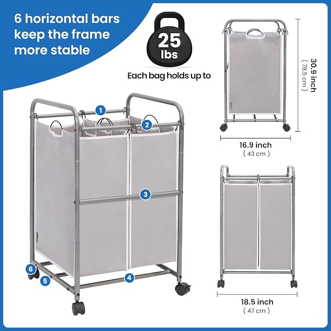 STORAGE MANIAC Laundry Sorter 3 Section Plus 2 Section, Laundry Hamper with Rolling Wheels, Laundry Basket Sorter, Laundry Separator Hamper, Laundry Divider Hamper with Removable Bags - Image 5