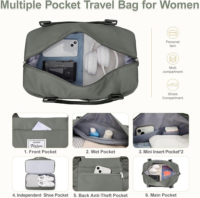 Large Weekender Bags for Women, Travel Duffel Bags with Shoe Compartment,Personal Item Travel Carry on Overnight bag for women Travel Set,Olive Green - Image 4