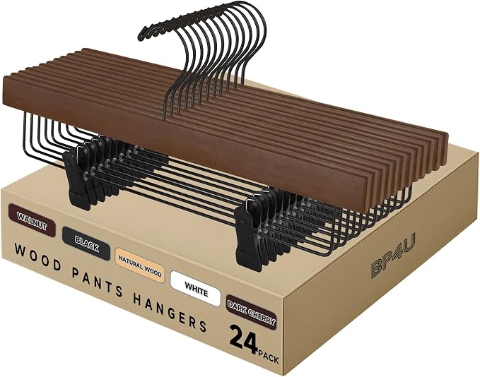 14" Wood Pants Hangers with Adjustable Non-Slip Clips, Walnut, 24-Pack | Solid Wood Material, Bottom Hangers with 360° Swivel Hook, Space Saving Hangers for Skirts, Slacks, Trousers, Jeans by BP4U%E2%84%A2