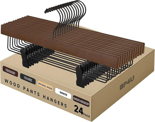 14" Wood Pants Hangers with Adjustable Non-Slip Clips, Walnut, 24-Pack | Solid Wood Material, Bottom Hangers with 360° Swivel Hook, Space Saving Hangers for Skirts, Slacks, Trousers, Jeans by BP4U%E2%84%A2