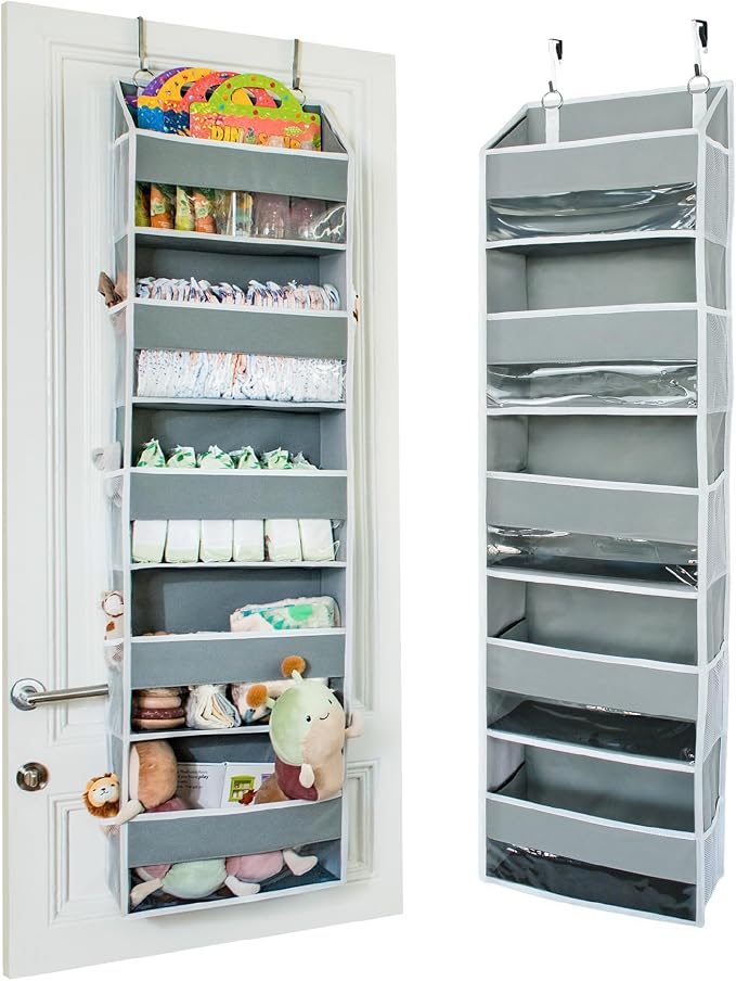 Ooh So Tidy 5-Tier Over Door Hanging Organizer, Grey | Holds 44 lb across 5 large & 10 mesh pockets, clear windows, fits doors 20 in wide or more, 15x55.5x6.5 in by Houseify