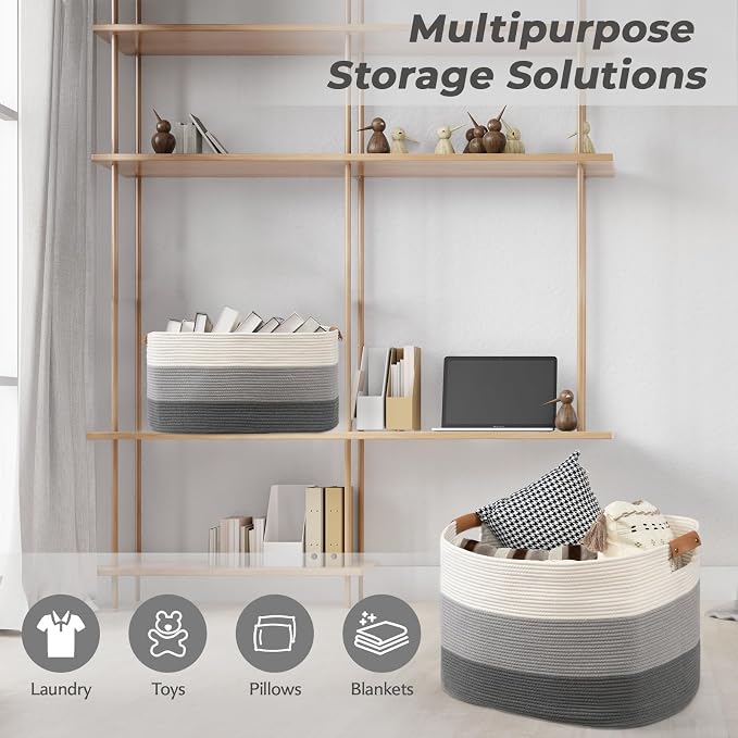 Rectangle Blanket Storage Basket, 50L Large Decorative Basket Living Room, Storage Bin with Handle, Woven Rope Hamper for Toy Organizing & Laundry, 18.11’’*14.17’’*11.81’’ Gradient Grey - Image 7