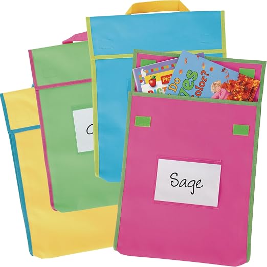 Really Good Stuff Store More Large Book Pouches, 4-Pack, Neon | Stitched-on Handle, Clear Name Tag Pocket, Durable Fabric, Water Resistant, Send Home Books & Homework by ReallyGoodStuff