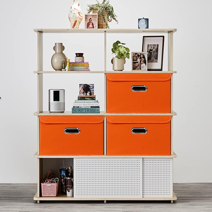 Linen Fabric Foldable Collapsible Storage Cube Bin Organizer Basket Fabric Storage Bins with Lid, Leather Handles, Removable Divider for Home, Closet, Orange - Image 4
