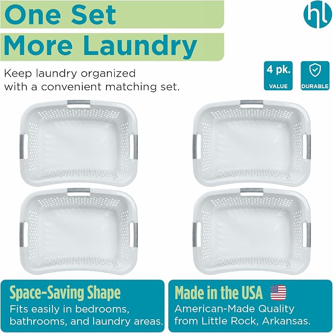 Home Logic 1.5 Bushel Plastic Laundry Basket Front Load, Large Laundry Hamper with Handles, Ventilated Clothes Organizer for Bedroom Bathroom Closet, 4 Pack, White - Image 6