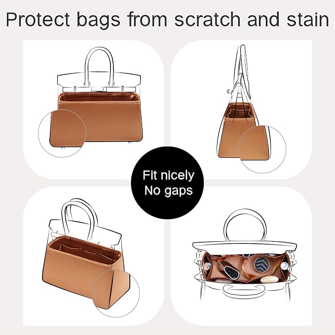 Fits for Brikin Bag Insert Organizer For Hermes(25 S,Gold) | Premium Silk Material,Smooth Touch,Lightweight,zipper,protect from scratches & stains,multiple pockets,keychain,waterproof - Image 4