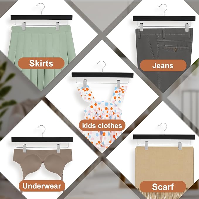 TOPIA HANGER Lotus Wood Pants Hangers, Black Wooden Skirt Short Jeans Trouser Hanger with Smooth Surface 360° Swivel Hook Anti Rust 2 Adjustable Clips, 10 Pack, CT10PB - Image 3