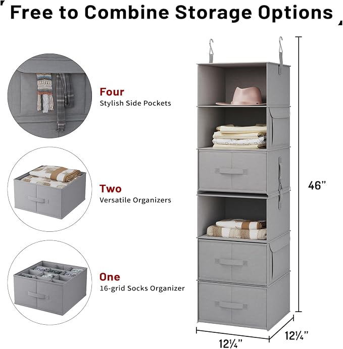 6-Shelf Hanging Closet Organizer with 3 Drawers, Separable, Medium Gray | Converts into Two 3-Shelf Organizers, Foldable Drawers, Side Pockets, Ideal for Wardrobe, Nursery, Dorm & Closet Storage - Image 3