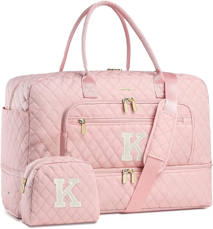 Initial Travel Duffle Bag for Women - Pink Personalized Weekender bags Overnight Bag with Shoe Compartment & Wet Pocket Weekend Tote Bags with Toiletry Bag Monogram Christmas Gifts (Letter K) by LUOCIP