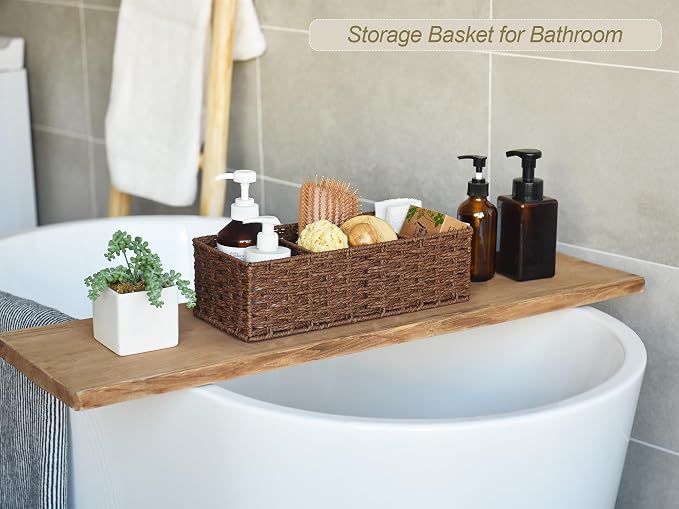 StorageWorks Toilet Paper Basket, Paper Rope Back of Toilet Basket, Walnut | Wicker Basket, Toilet Paper Storage for Back of Toilet Tank, Woven Baskets for Shelves, Wicker Baskets with 3 Compartments - Image 4