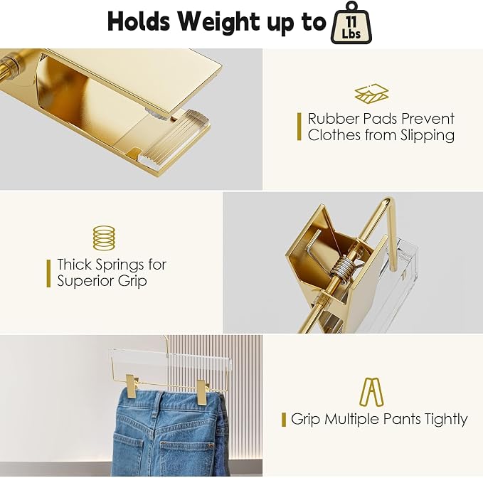 Clear Gold Acrylic Pants Hangers 10 Pack with Adjustable Clips | Non-Slip & Heavy Duty Hangers for Pants, Skirts, Jeans, Trousers, Scarves, Adults & Kids, Clothing Closet Storage - Image 3