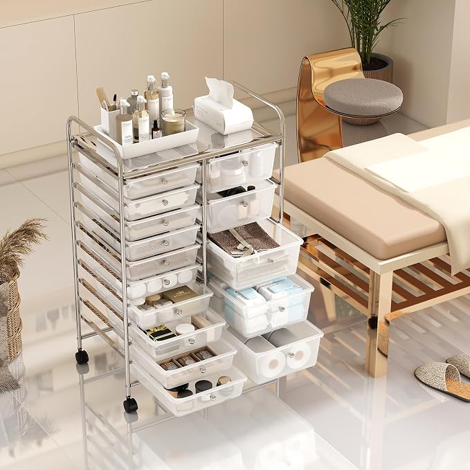 DREAMADE 15-Drawer Rolling Storage Cart, Mobile Craft Cart, Clear | Utility Organizer with Lockable Wheels, Removable Plastic Drawers and Metal Frame for Home Office, Classroom and Studio - Image 9