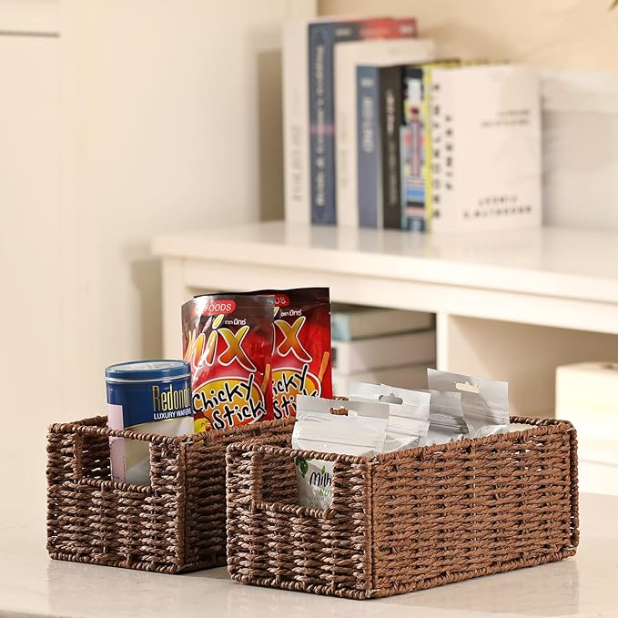Wicker Storage Basket, Set of 2 Hand-Woven Paper Rope Wicker Basket, Small Storage Baskets for Organizing Toilet Paper Basket, Foldable Large Cube Storage Organizer Bins for Shelves (Brown) - Image 2