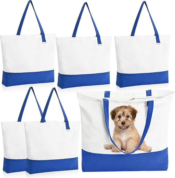 6-Pack Canvas Tote Bags with Zipper, Large Grocery Tote, Royal Blue | Reusable, washable, inner pocket, flat bottom, sturdy handle, for sublimation DIY/transfer, travel/beach/gift/Christmas craft by HWJH