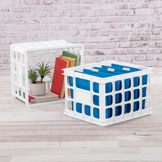 Sterilite Storage Crate, Stackable Plastic Bin Open Basket with Handles, Organize Home, Garage, Office, School, White, 6-Pack - Image 4