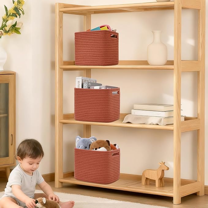 3 Pack Cube Storage Bin, 9”x9”x7” Cotton Rope Woven Baskets for Organizing Toys Clothes Towels, Square Gift Storage Baskets for Shelves, Nursery, Closet, Bathroom, Pantry (Red) - Image 7