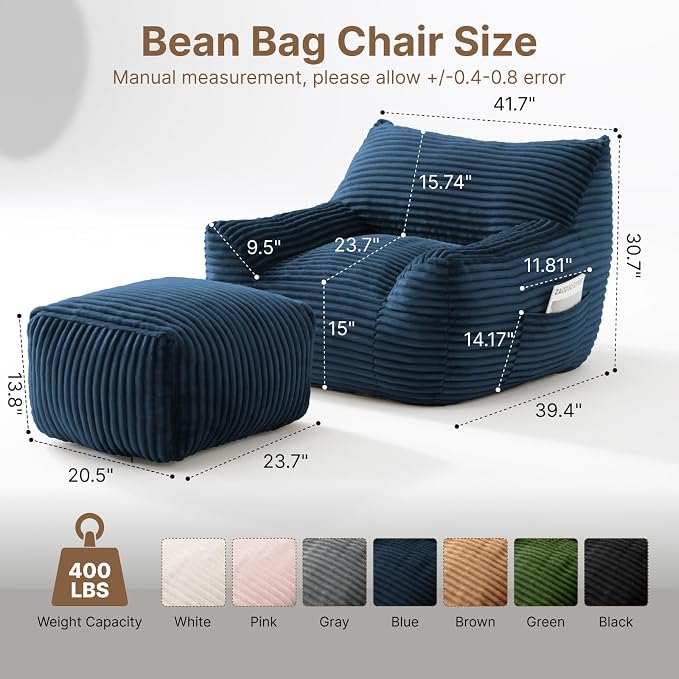 Oversized Bean Bag Chair with Ottoman, Bean Bag Couch with 2 Side Pockets, Corduroy Boneless Couch Chair in a Box, Comfy Lounge Chair for Living Room, Bedroom, Dorm, Blue - Image 2