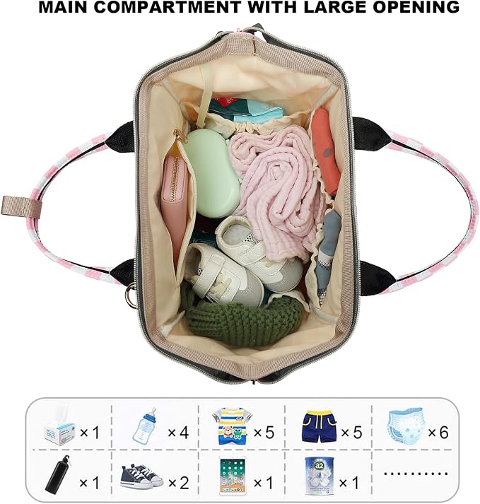 Checkered Pink Baby Diaper Bag Backpack for Women, Large Capacity Waterproof Maternity Travel Nappy Backpacks with Stroller Straps - Image 4