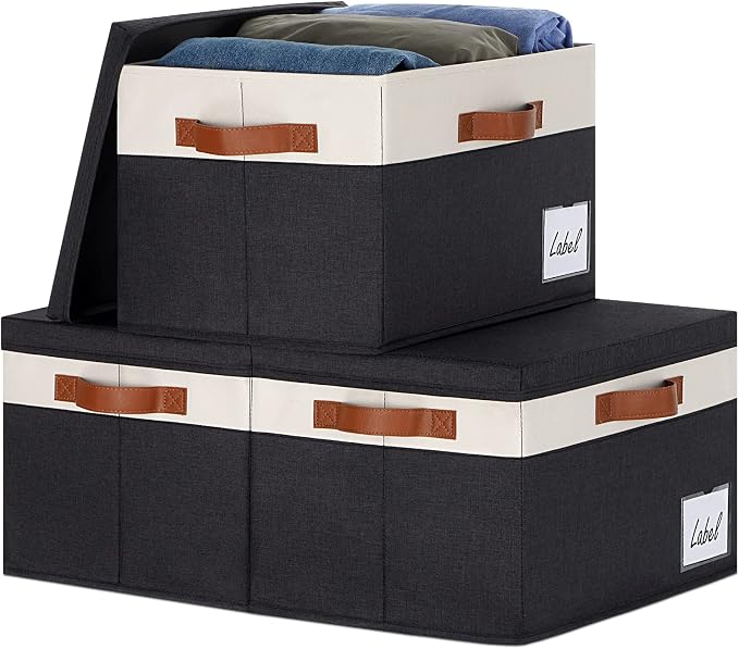 GhvyenntteS Extra Large Storage Bins with Lids, Foldable Fabric Storage Boxes with Lids and Handles, Storage Baskets with Lid and Label for Home Office (3 Pack, Black, 15.75" x 11.8" x 10.2") by GhvyenntteS