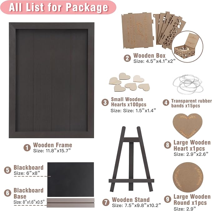 SELEAD Solid Wood Wedding Guest Book Alternative, Drop Top Words Sign Board | Rustic Wedding Reception Picture Frame with Chalkboard, 100pcs Wooden Hearts, Storage Box for Party Anniversary Birthday - Image 3