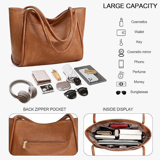 GAEKEAO Tote Bag for Women Vegan Leather Zipper Shoulder Bags Travel Purses | Large Capacity Purse Handbags, Inner Pocket with Key Clip, Fits 14" Laptop, for Casual Work Dating Commute Daily Weekender - Image 4