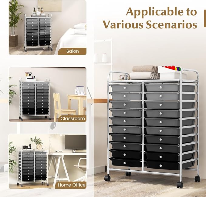 RELAX4LIFE 20 Drawer Rolling Storage Cart, Mobile Rolling Cart w/Drawers for School Classroom Teacher Office Home Salon, Paper File Art Supply Craft Organizer, Utility Cart on Wheels (Gradient Grey) - Image 7